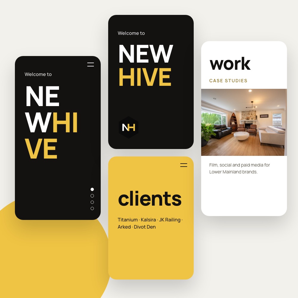 Newhive brand screens: welcome, clients and case study cards in black and yellow