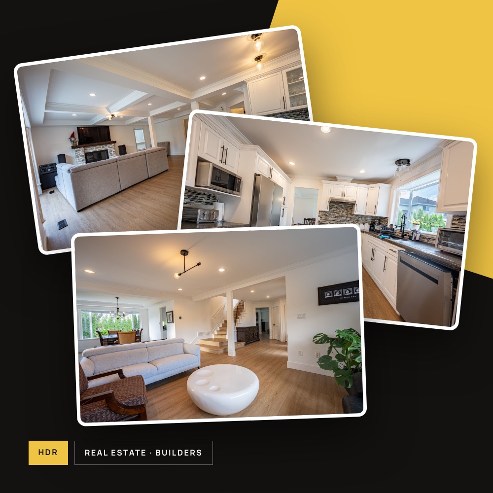 Three real estate interior photographs by Newhive fanned out on black and yellow