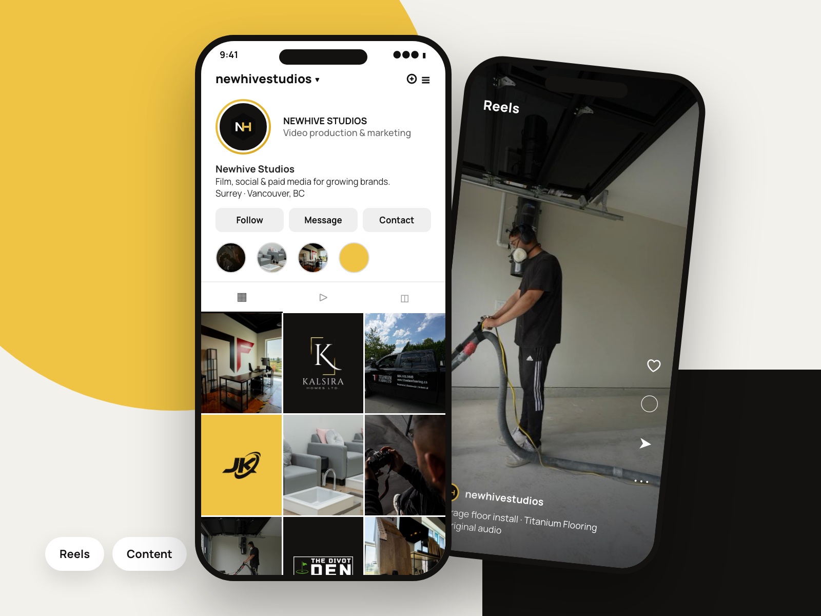 Newhive client reels shown on three phones, posted from @newhivestudios